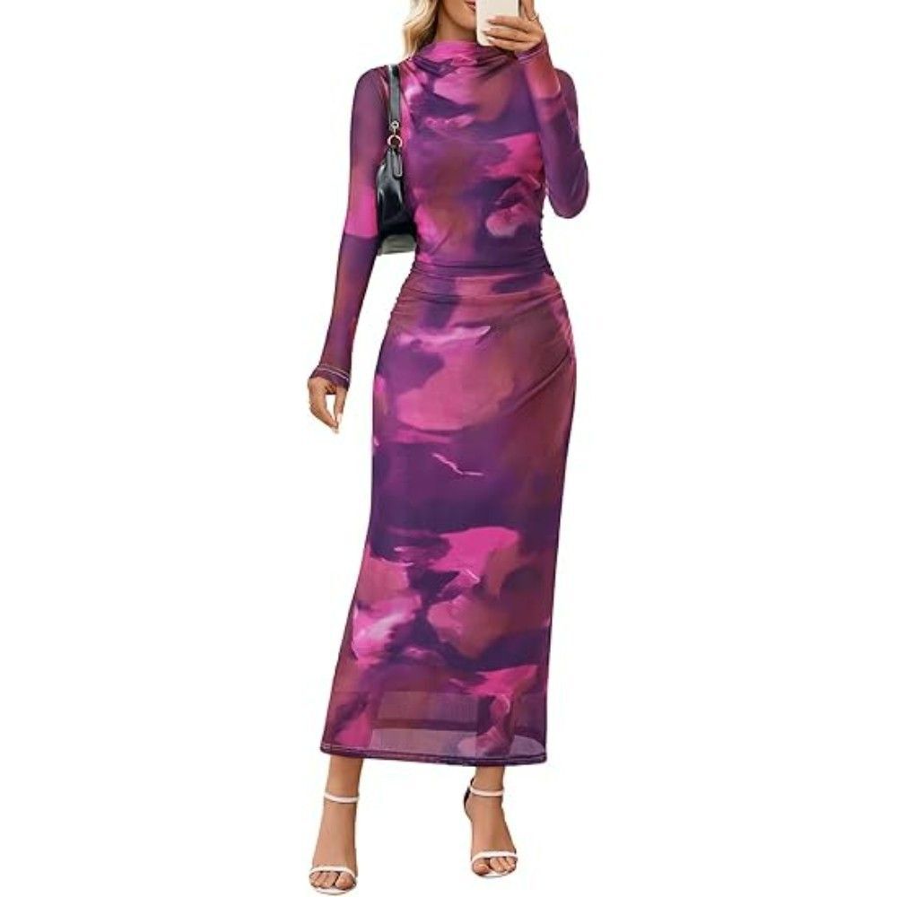 MEROKEETY Women's Bodycon Maxi Dress SMALL Plum Wedding Dress Long Sleeve Floral